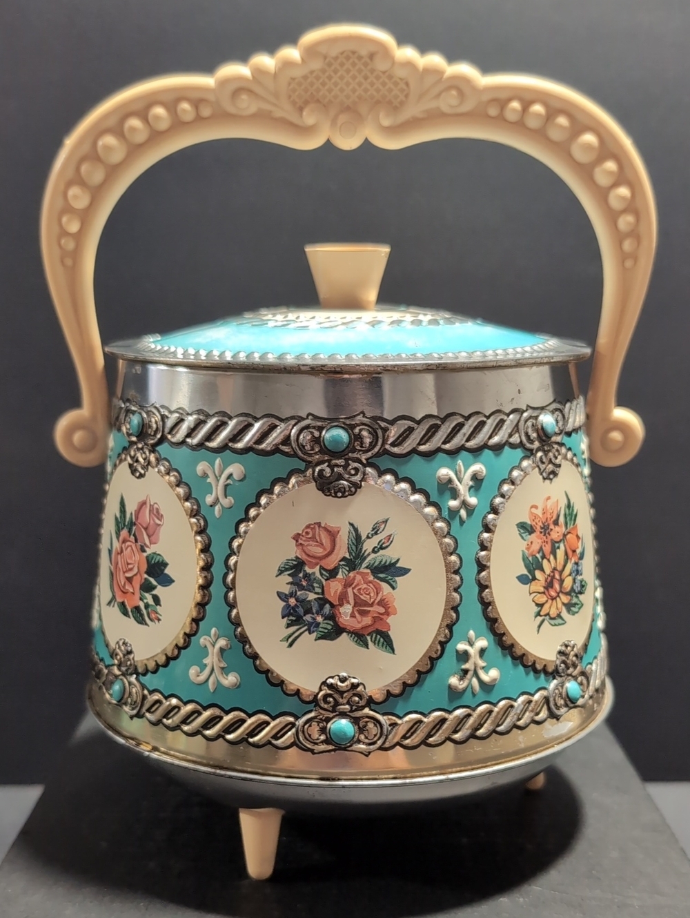 VGT,1960s Turquoise Blue/Cream Footed/Lidded Tin with Handle.